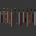 Various Decorative Swords With Ornate Handles And Colorful Blades On
