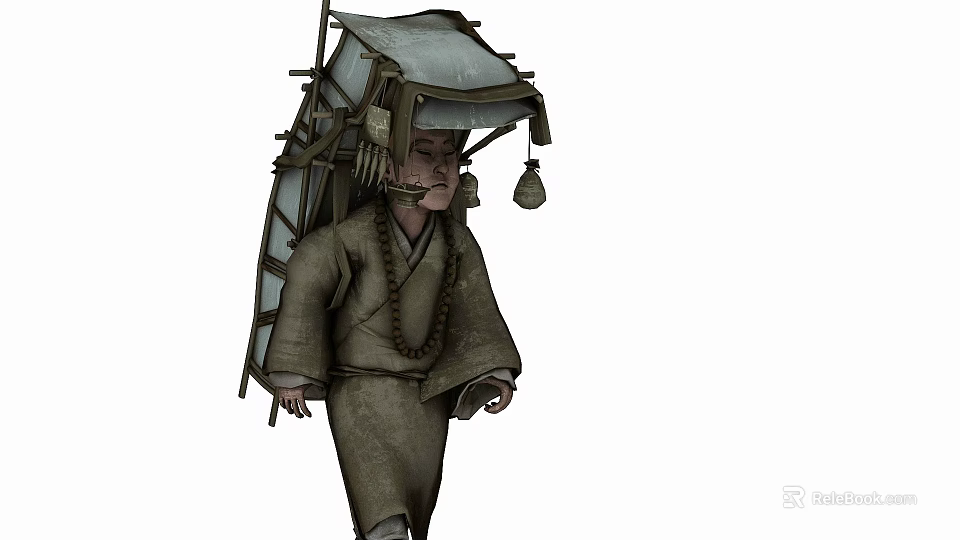 Man In Traditional Clothing Carrying Wooden Structure With Beaded Necklace and Conical Hat 3d model 