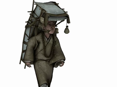 Man In Traditional Clothing Carrying Wooden Structure With Beaded Necklace and Conical Hat 3d model