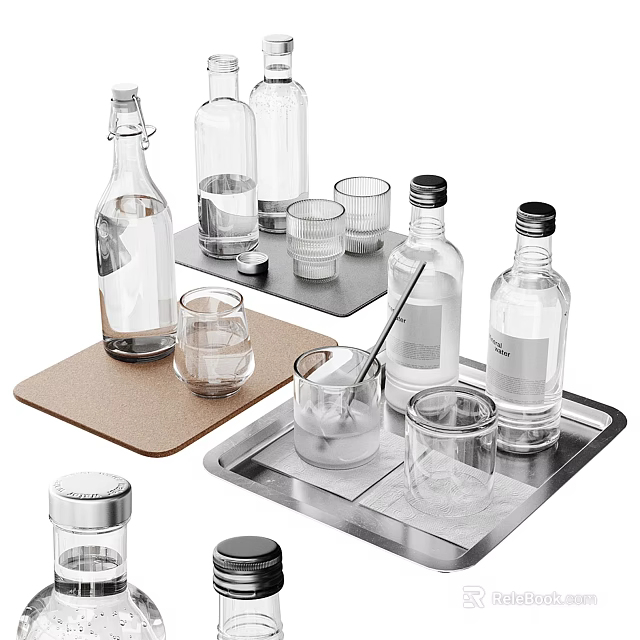 Stylish Decorative Ornament Set With Transparent Glass Bottles Cups Coasters And Metal Trays 3d model 