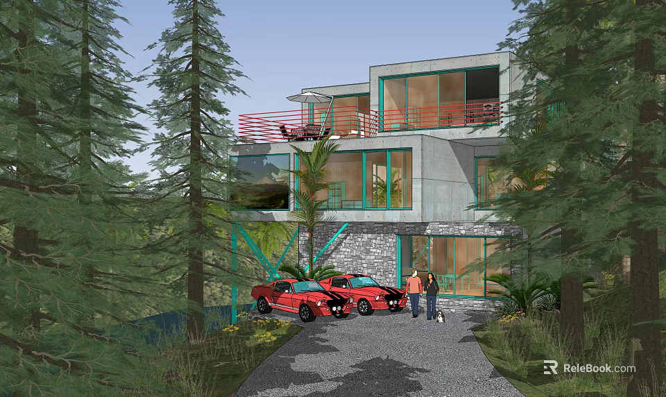 Modern Detached Villa with Large Glass Windows Red Railings and Gravel Driveway by Tall Trees 3d model 