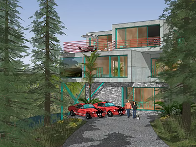 Modern Detached Villa with Large Glass Windows Red Railings and Gravel Driveway by Tall Trees 3d model