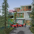 Modern Detached Villa with Large Glass Windows Red Railings and Gravel Driveway by Tall Trees