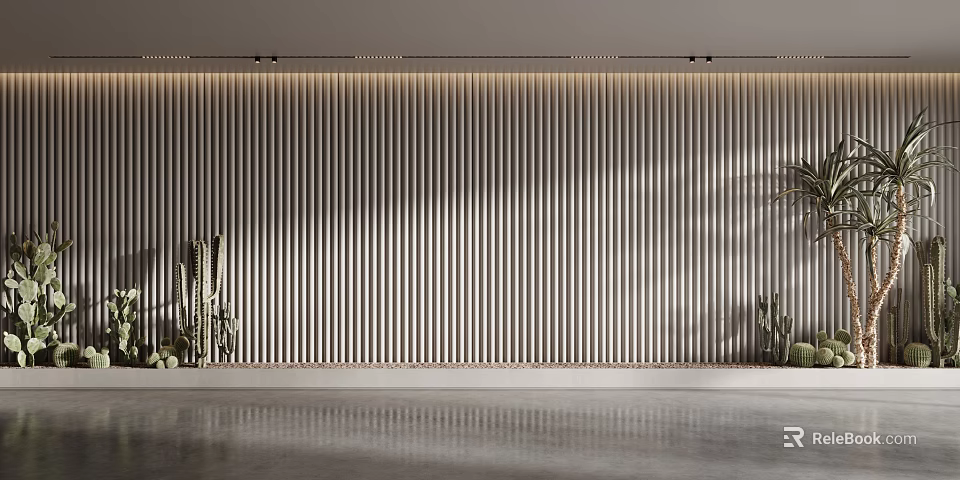 Vertical Striped Wooden Background Wall With Cactus Plants Gray Floor And Ceiling Lights 3d model 