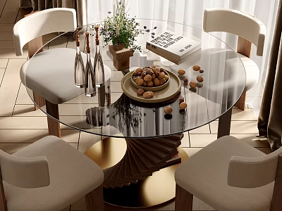 Round Glass Dining Table Set with Beige Chairs Gold Spiral Base Decorative Plants Nut Plate 3d model