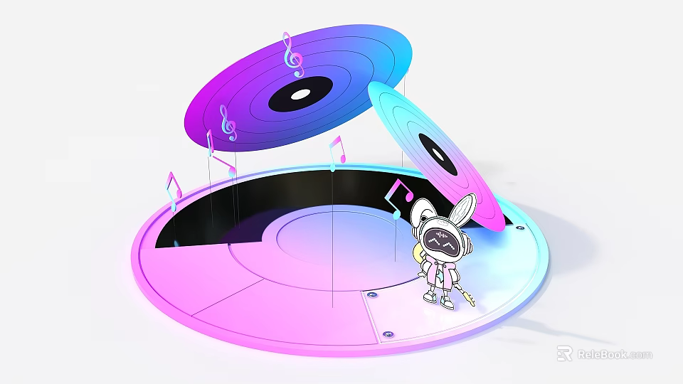 Cartoon Character Standing On Gradient Platform With Open Vinyl Records And Musical Notes 3d model 