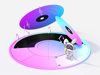 Cartoon Character Standing On Gradient Platform With Open Vinyl Records And Musical Notes 3d model