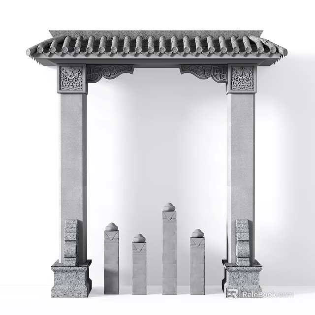 Traditional Chinese Gate With Tiled Roof Carved Decorations And Stone Pillars 3d model 