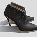 Black Leather Ankle Boots With Perforated Dots High Heel And Pointed Toe Design