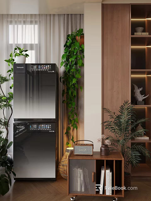 Modern Home Balcony Interior With Lush Green Plants And Wooden Storage Cabinets 3d model 