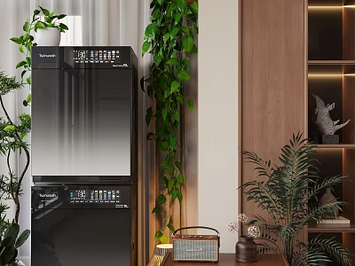 Modern Home Balcony Interior With Lush Green Plants And Wooden Storage Cabinets 3d model
