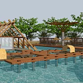 Waterfront Landscape Featuring Wooden Pergola Structure Wooden Deck Platform Lush Green Plants And Outdoor Sunshades
