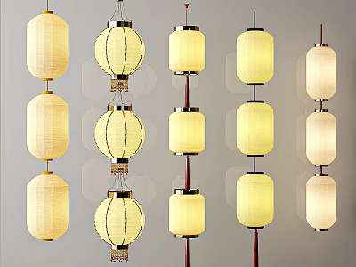 Traditional Chinese Decorative Lanterns With Various Styles And Beige Paper Shades 3d model
