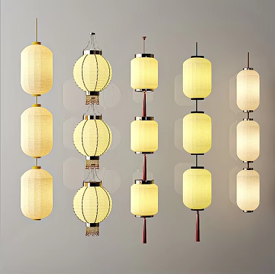 Traditional Chinese Decorative Lanterns With Various Styles And Beige Paper Shades 3d model