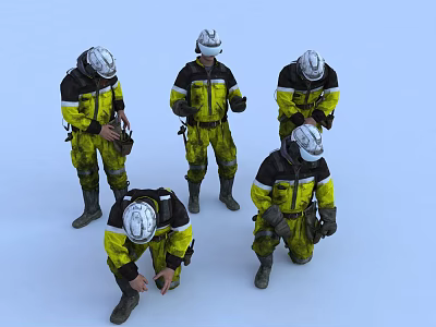 Group of Firefighters in Yellow and Black Uniforms with Helmets Standing Together 3d model