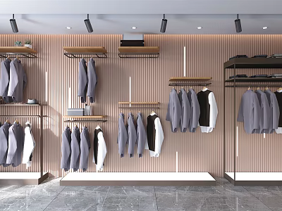 Modern Clothing Store Interior With Hanging Clothes Shelves Lighting And Striped Wall Design 3d model