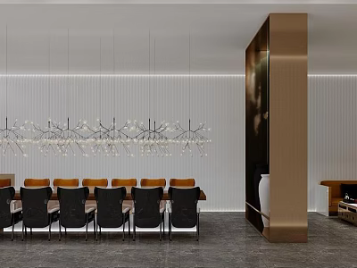 Modern Conference Room Interior With Long Table Chandeliers And Decorative Walls 3d model