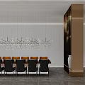 Modern Conference Room Interior With Long Table Chandeliers And Decorative Walls