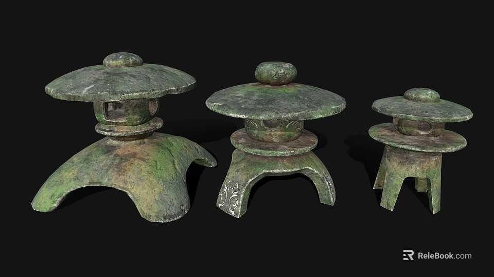 Traditional Wooden Stone Lanterns With Carved Bases In Three Different Sizes 3d model 