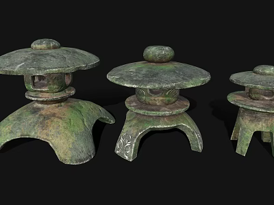 Traditional Wooden Stone Lanterns With Carved Bases In Three Different Sizes 3d model