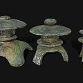 Traditional Wooden Stone Lanterns With Carved Bases In Three Different Sizes
