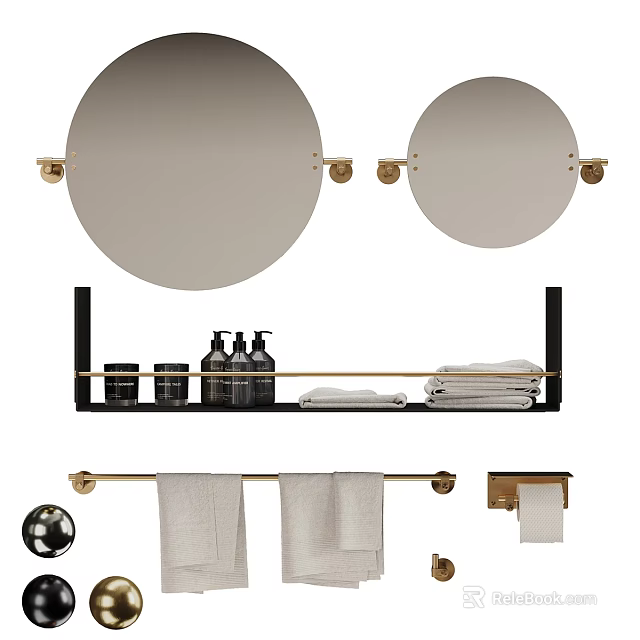 Round Bathroom Mirrors With Gold Fixtures Storage Racks And Towel Bars 3d model 