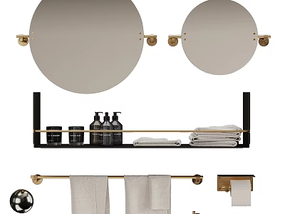 Round Bathroom Mirrors With Gold Fixtures Storage Racks And Towel Bars 3d model