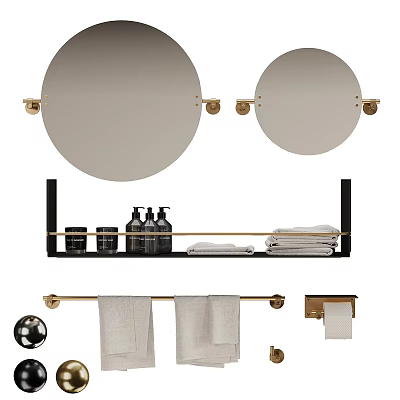 Round Bathroom Mirrors With Gold Fixtures Storage Racks And Towel Bars 3d model