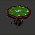 Octagonal Poker Table with Green Surface Featuring Playing Cards and Poker Chips 3d model