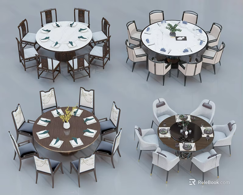 Various Design Dining Chairs With Round Tables And Decorative Table Settings 3d model