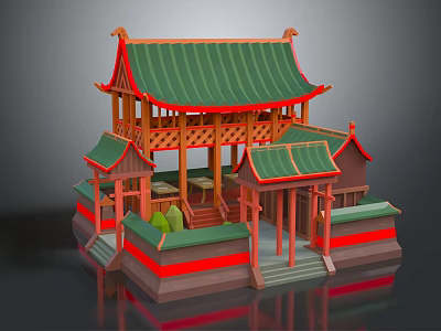 Cartoon Scene Of Traditional Chinese Architecture With Green Roof Red Pillars Wooden Structure And Steps 3d model