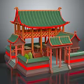 Cartoon Scene Of Traditional Chinese Architecture With Green Roof Red Pillars Wooden Structure And Steps