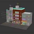 Cartoon Scene of Multi Story Building with Red White Facade Shops Windows and Rooftop Antennas