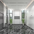 Modern Office Corridor With Elevators Marble Flooring Potted Plants Windows And Linear Ceiling Lights 3d model