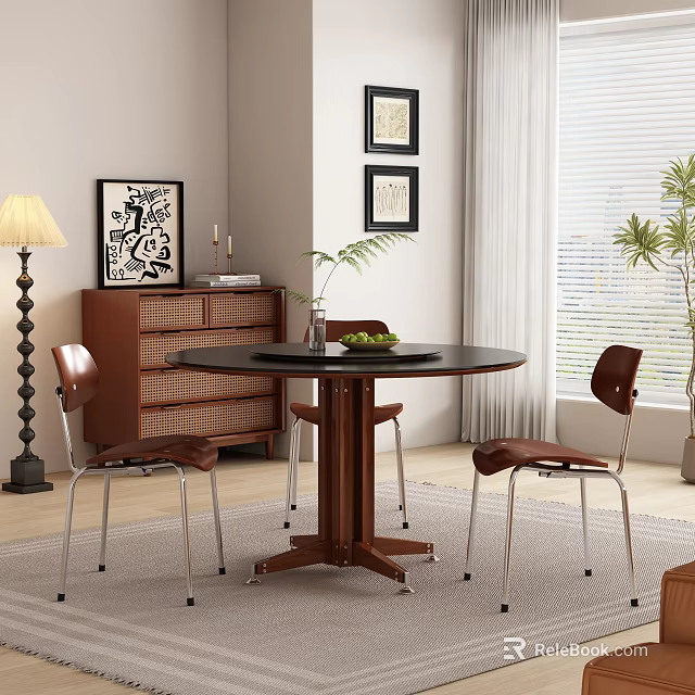Modern Dining Room Interior Featuring Round Table Wooden Chairs Framed Artworks and Floor Lamp 3d model 