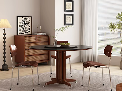 Modern Dining Room Interior Featuring Round Table Wooden Chairs Framed Artworks and Floor Lamp 3d model