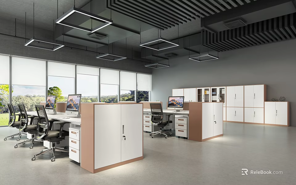 Modern Office Interior With Open Workstations Computers Chairs Cabinets Large Windows Green Views And Lights 3d model