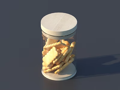 Crispy Cookies in Clear Glass Jar With Wooden Lid on Dark Surface 3d model