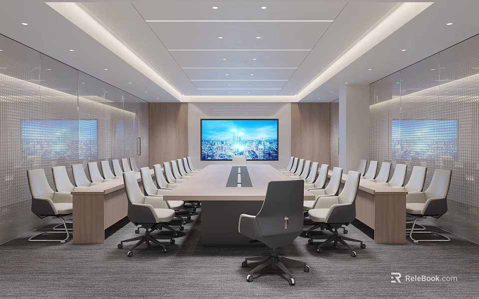 Modern Conference Room Interior With Long Table White Chairs Gray Chair Large Screen City View 3d model 