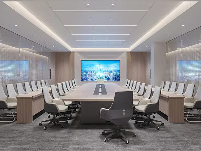 Modern Conference Room Interior With Long Table White Chairs Gray Chair Large Screen City View 3d model
