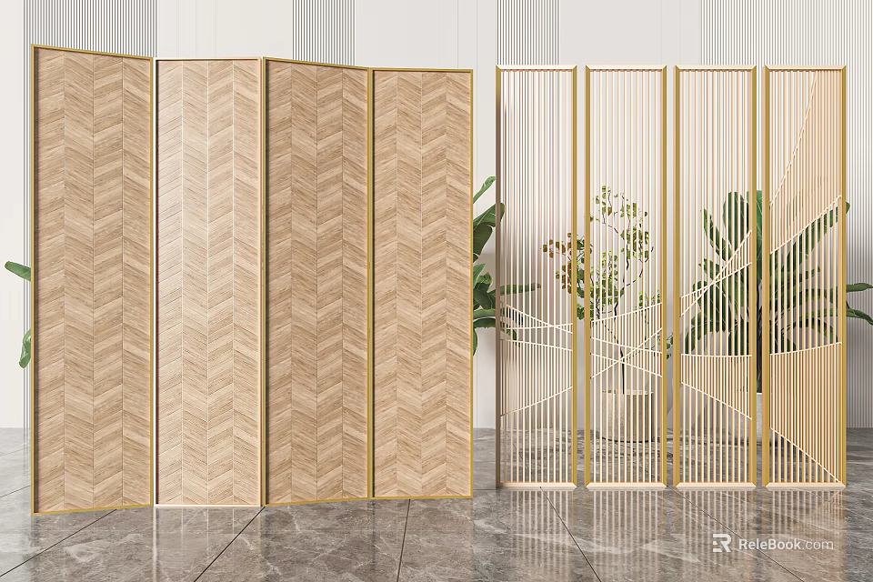 Modern Wooden Room Divider With Gold Frame And Geometric Pattern Design 3d model