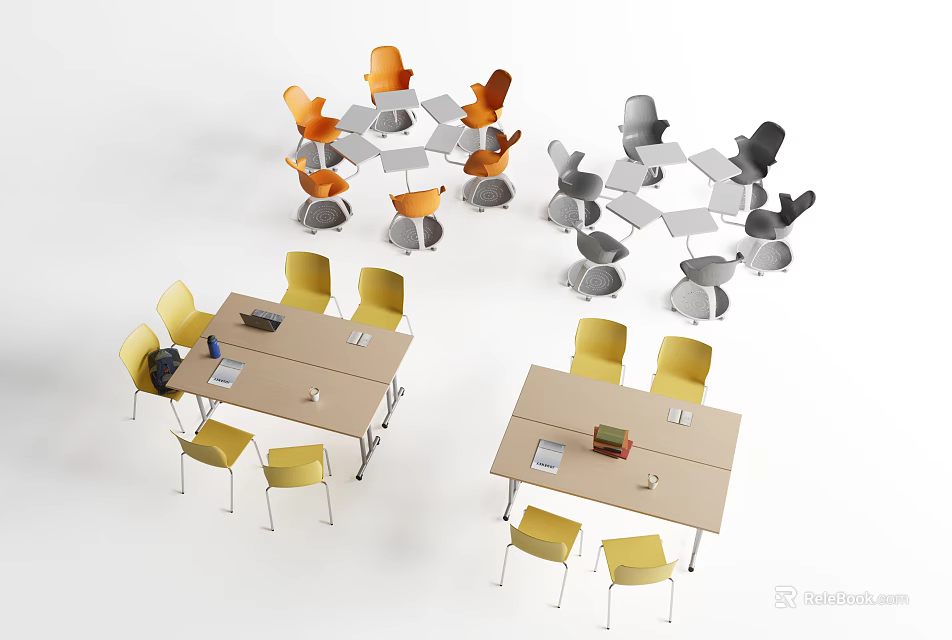 Light Brown Desks with Orange Gray Yellow Chairs and Notebook Cup on Top 3d model 