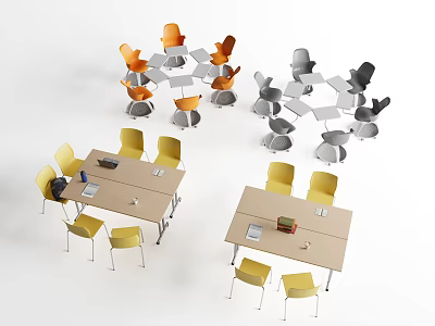 Light Brown Desks with Orange Gray Yellow Chairs and Notebook Cup on Top 3d model