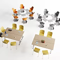 Light Brown Desks with Orange Gray Yellow Chairs and Notebook Cup on Top