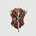 Vintage Shield Wall Hanging with Crossed Sword Axe Ornate Carvings Wooden Metal Gold Accents