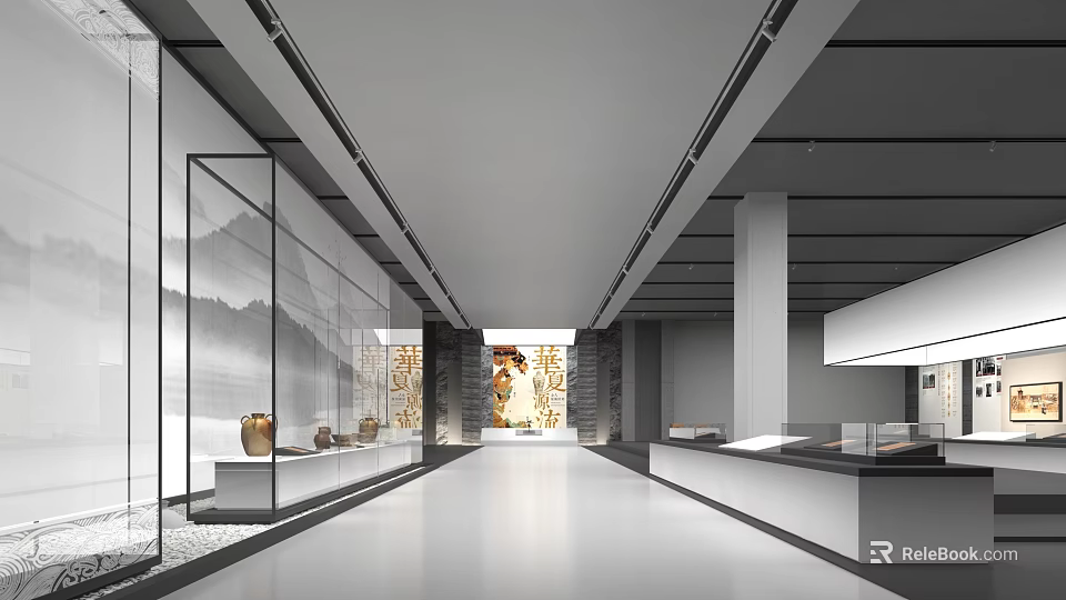 Museum Gallery Interior With Long Corridor Glass Display Cases And Wall Artworks On Sleek Floor 3d model 