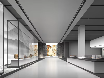 Museum Gallery Interior With Long Corridor Glass Display Cases And Wall Artworks On Sleek Floor 3d model