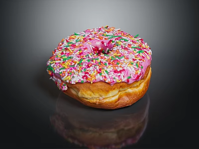Pink Frosted Donut With Colorful Sprinkles On Black Background With Reflection 3d model