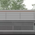 Outdoor Railings With Stainless Steel Horizontal Bars Vertical Balusters Orange Top And Green Trees