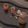 Modern Copper Tea Set With Wooden Tray Teapot And Teacups On Tabletop
